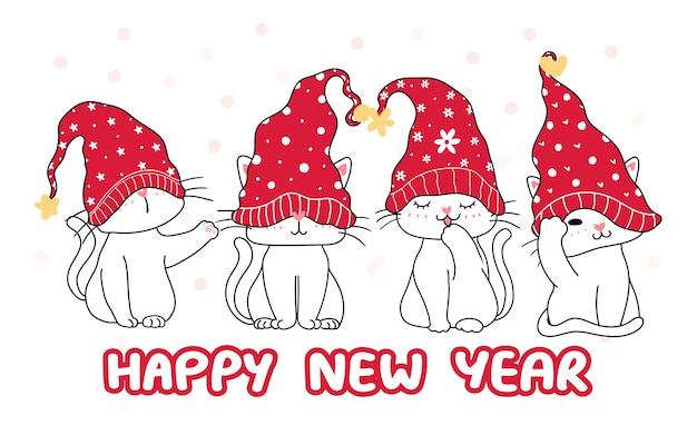 Cute happy funny white four kitten cat in red Christmas hat, cartoon hand drawing, Happy new year, merry christmas