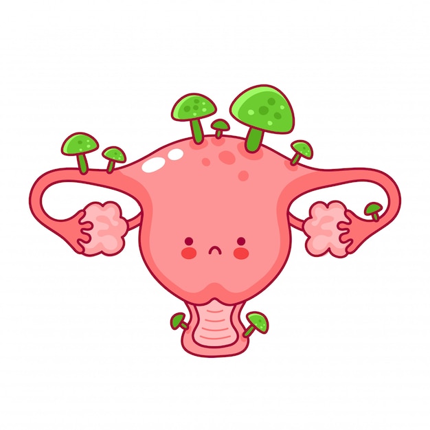 Cute happy funny woman uterus organ with fungus.