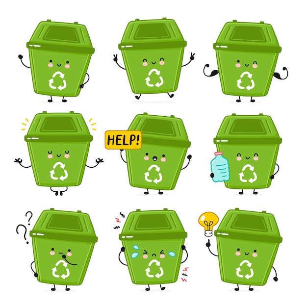 Vector cute happy garbage container set collection.