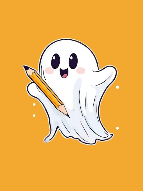 Cute happy ghost bring pencil