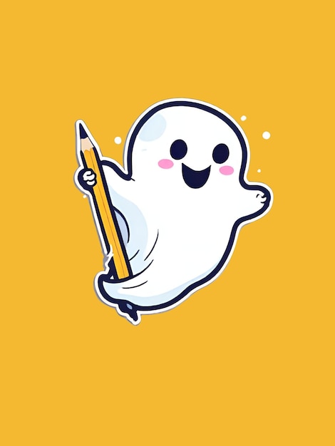 Cute happy ghost bring pencil