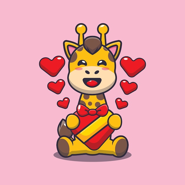 Cute happy giraffe cartoon character in valentines day