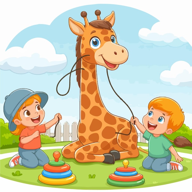 A cute happy giraffe playing with kids