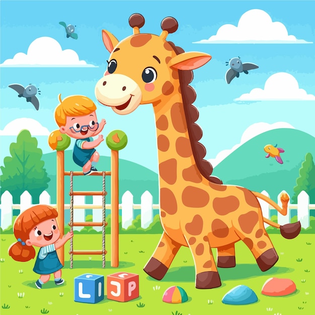 Vector a cute happy giraffe playing with kids