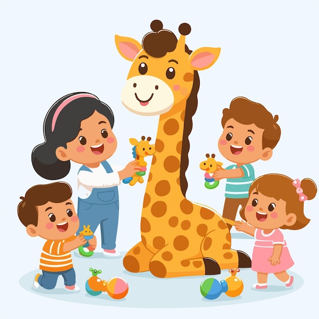 A cute happy giraffe playing with kids