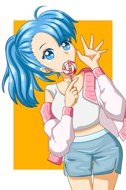 Vector cute and happy girl blue hair eating the lollipop cartoon illustration