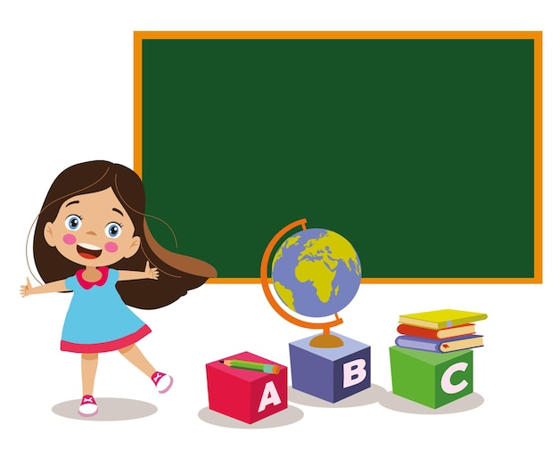 Cute happy girl in front of school classroom blackboard