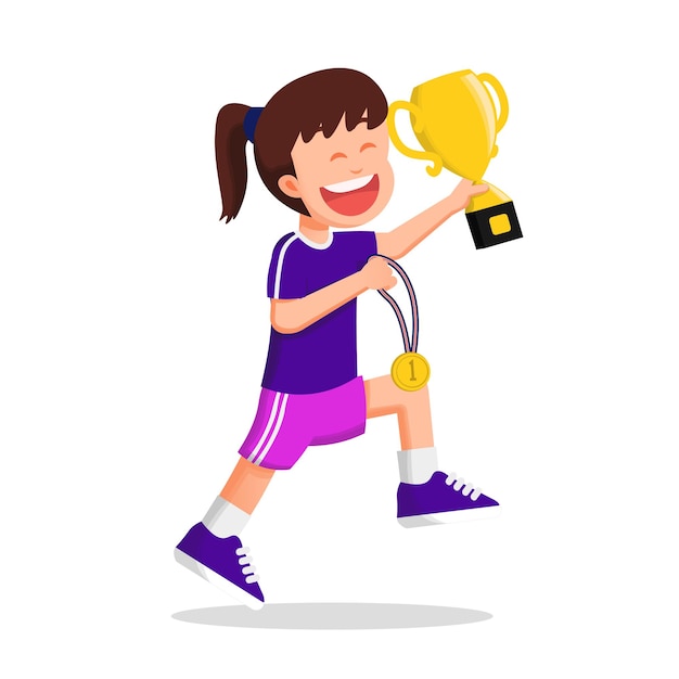 a cute and happy girl holding trophy and gold medal