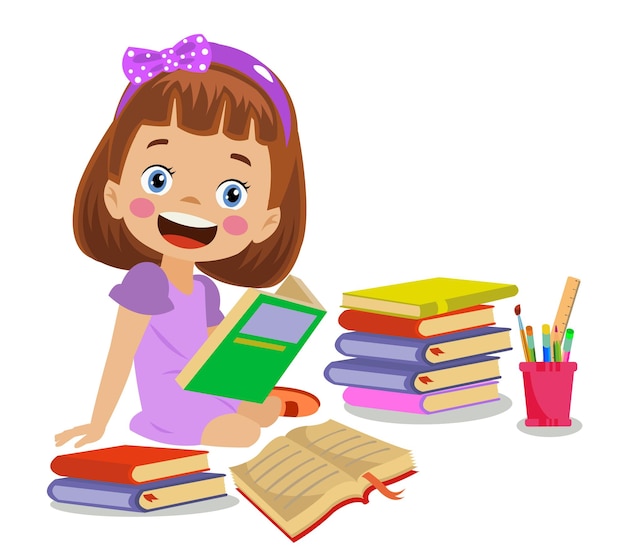 Cute happy girl reading a book