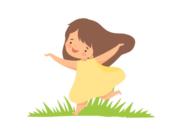 Vector cute happy girl in yellow dress running on green meadow adorable little kid cartoon character playing outside vector illustration on white background