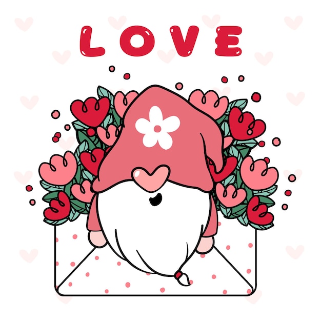 Cute happy gnome valentine in floral love envelope letter.