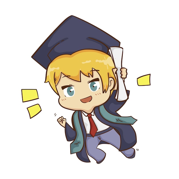 Cute happy graduation boy very cheerful hand drawn cartoon illustration