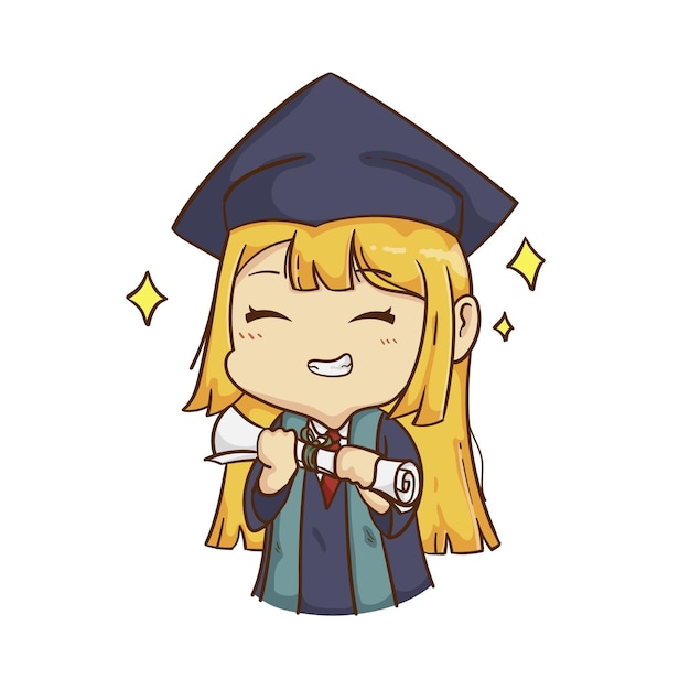 Cute happy graduation girl very cheerful hand drawn cartoon illustration