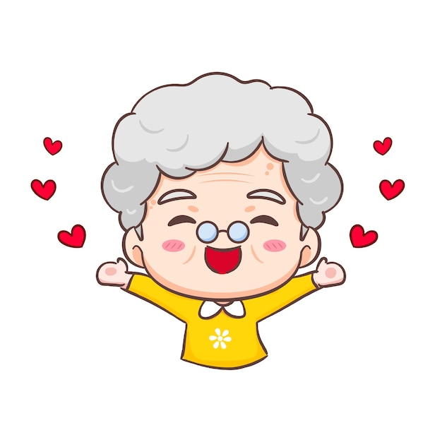 Vector cute happy grand mother with love around cartoon character people expression concept design isolat