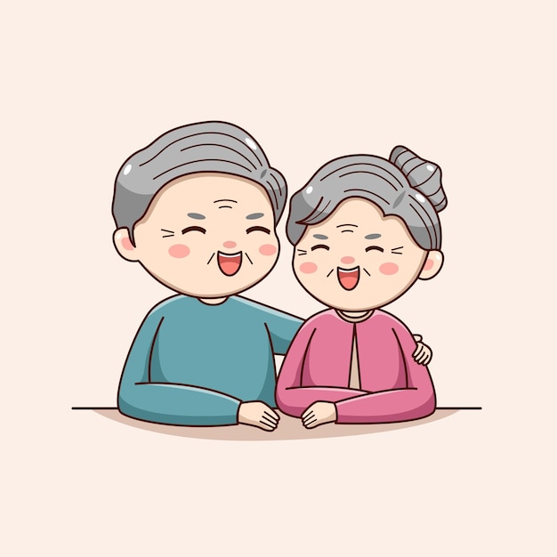 Vector cute happy grandparent laughing together kawaii chibi character vintage design valentines day couple