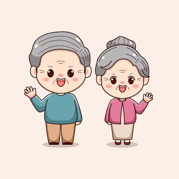 Vector cute happy grandparent waving hand kawaii chibi character vintage design valentines day couple