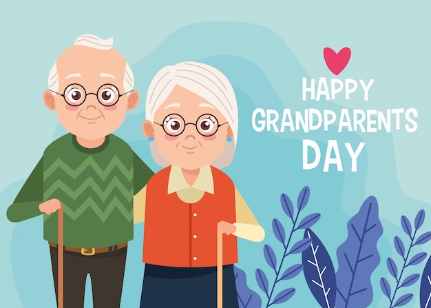 Vector cute happy grandparents couple and lettering with heart