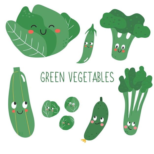 Cute and happy green vegetables with face exppression in doodle style