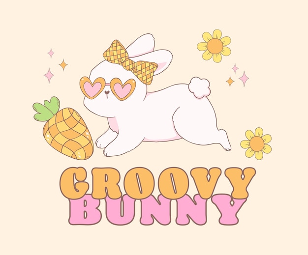 Cute happy groovy easter bunny with disco retro carrot playful cartoon doodle animal hand drawing