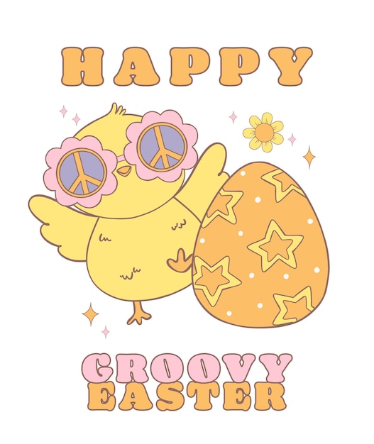 Vector cute happy groovy easter chick with retro easter egg playful cartoon doodle animal character