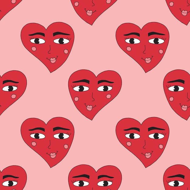 Cute happy groovy heart shape with face seamless pattern Festive love background