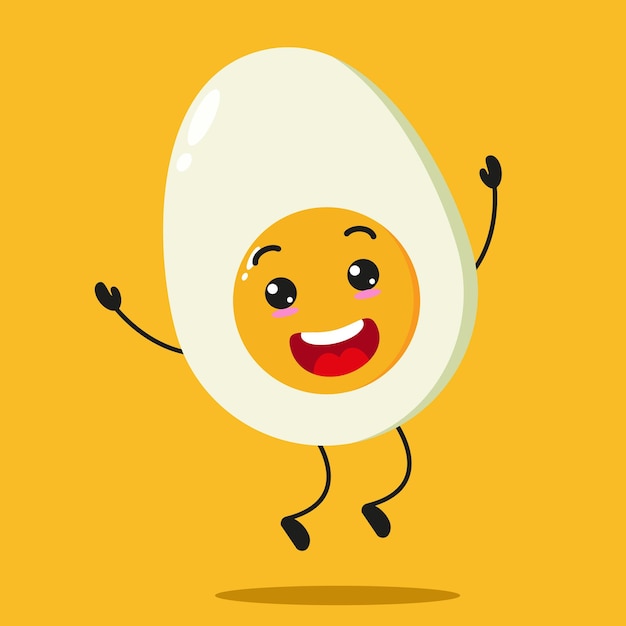 Cute happy half boiled egg character Funny celebration jump egg cartoon emoticon in flat style