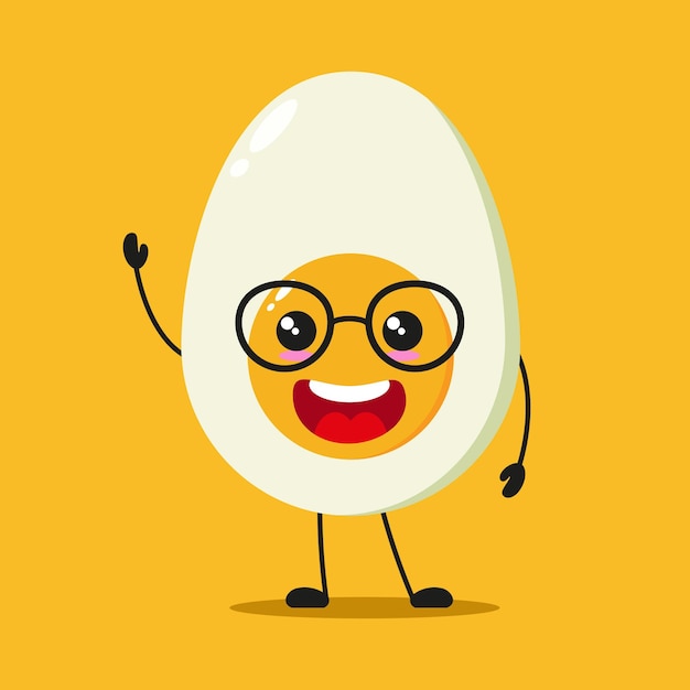 Cute happy half boiled egg character wear sunglasses Funny egg greet friend cartoon in flat style