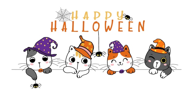 Vector cute happy halloween banner funny kitten cat in costume cartoon flat vector illlustration