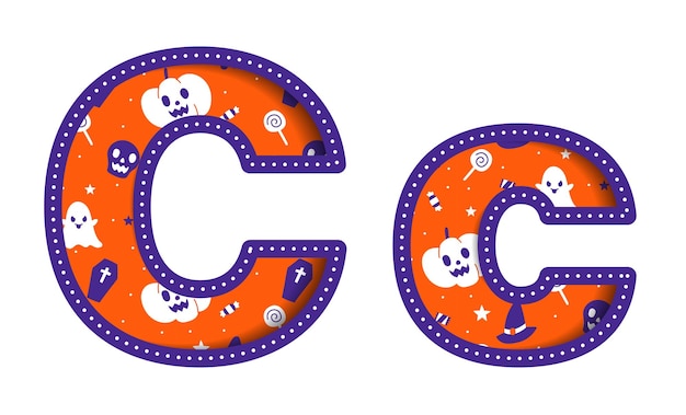 Vettore carino happy halloween c alfabeto maiuscolo lettera piccola party font tipografia carattere cartoon spooky