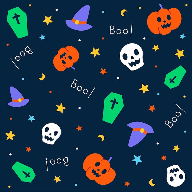 Carino felice halloween cartone animato modello senza cuciture vettore sfondo viola fantasma teschio zucca jack o lanterna pipistrello gatto nero ragnatela candeliere lecca-lecca caramella bara strega cappello boo luna