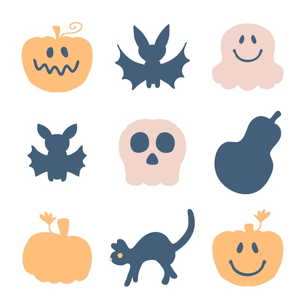 Vector cute happy halloween characters spooky clipart collection perfect for tshirt stickers poster card hand drawn isolated vector illustration for decor and design