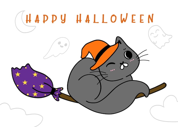 Simpatico costume da gattino happy halloween, dolcetto o scherzetto con ragno, scarabocchiare idea di illustrazione vettoriale piatta per biglietto di auguri, maglietta per bambini