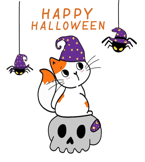 Simpatico costume da gattino happy halloween, dolcetto o scherzetto con ragno, scarabocchiare idea di illustrazione vettoriale piatta per biglietto di auguri, maglietta per bambini