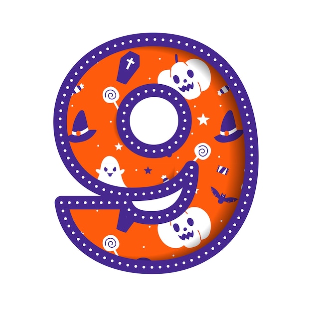 Carino happy halloween numero 9 nove numeri numerici partito carattere carattere cartone animato orrore spettrale