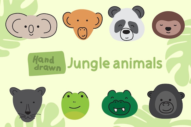 Cute and Happy hand drawn Jungle animals illustrations set, zoo collection