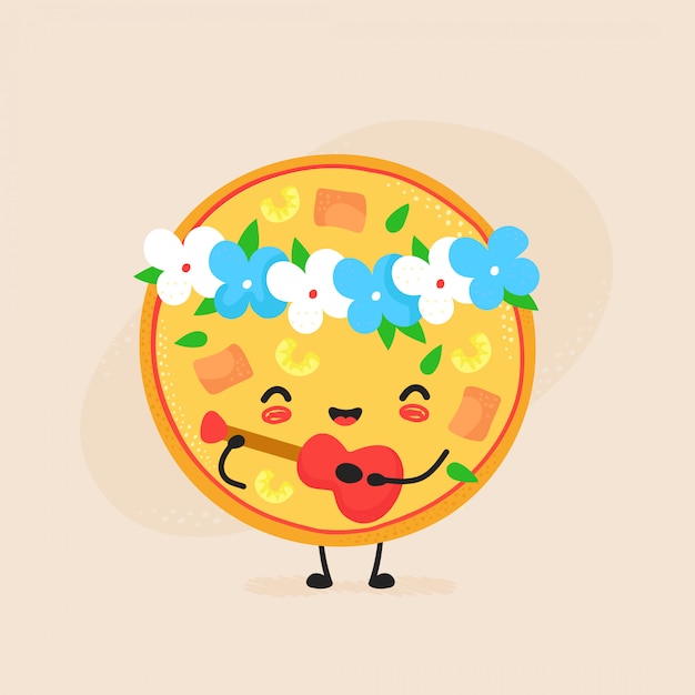 귀여운 행복 하와이안 피자 캐릭터. 플랫 만화 일러스트 아이콘입니다. 흰색에 격리. 피자 캐릭터