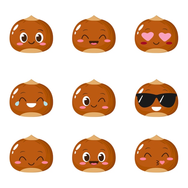 Simpatico set di caratteri nocciola felice emoticon dado divertente in stile piatto illustrazione vettoriale emoji nocciola marrone cibo vegetariano sano