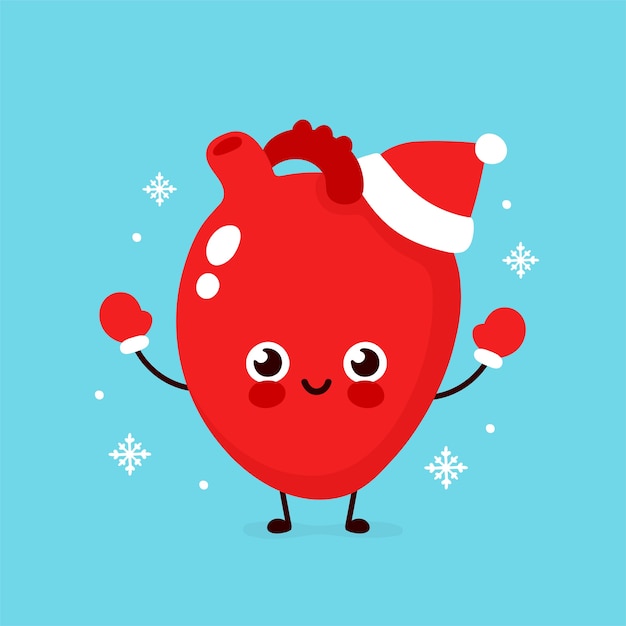 Cute happy heart organ in christmas hat and gloves