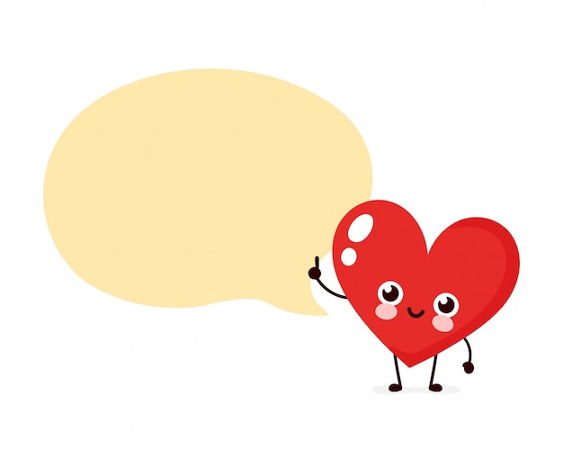 Милое счастливое сердце с речевым пузырем. плоская иллюстрация персонажа из мультфильма. изолированные на белом фоне сердце говорит концепция