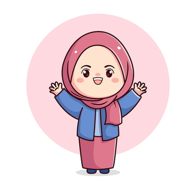 Cute happy hijab girl hands up kawaii chibi flat character