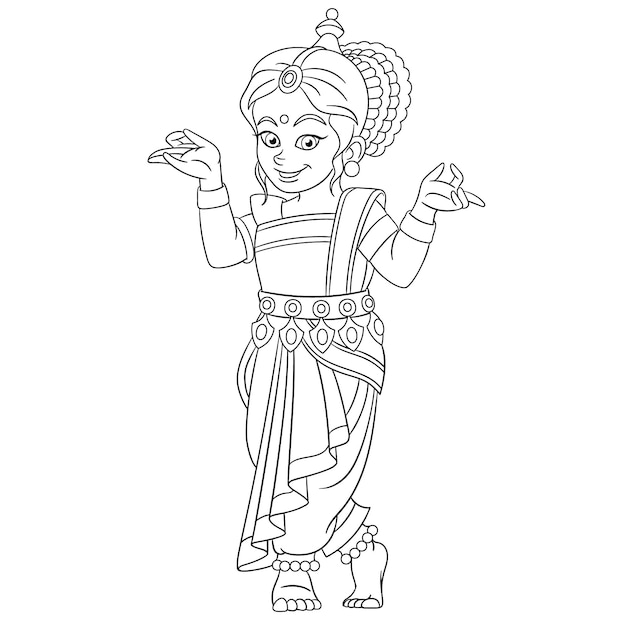 Vector cute happy indian girl dancing, hindu dancer. cartoon coloring book page for kids.