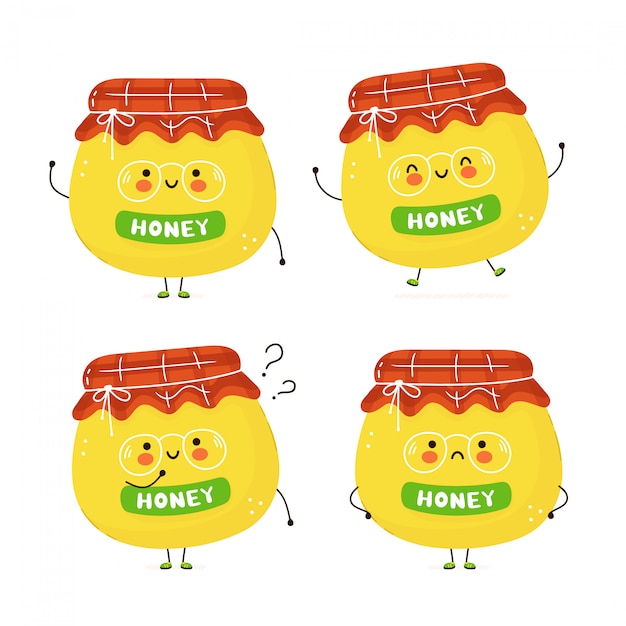 Cute happy jar of honey set. isolated on white . vector cartoon character illustration design,simple flat style. jar of honey character bundle, collection concept