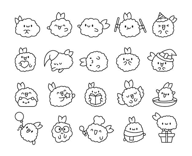 Vector cute happy kawaii tempura shrimp coloring page