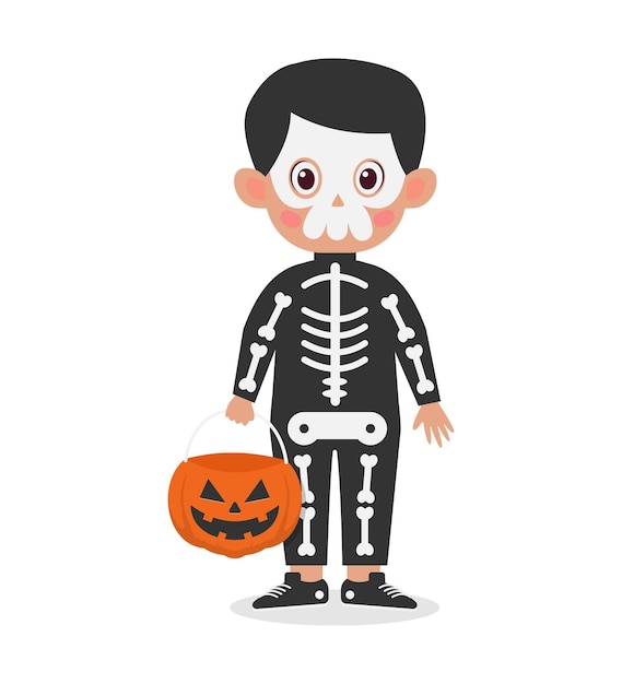 Cute Happy kid celebrate halloween wears skull costume cartoon illustration