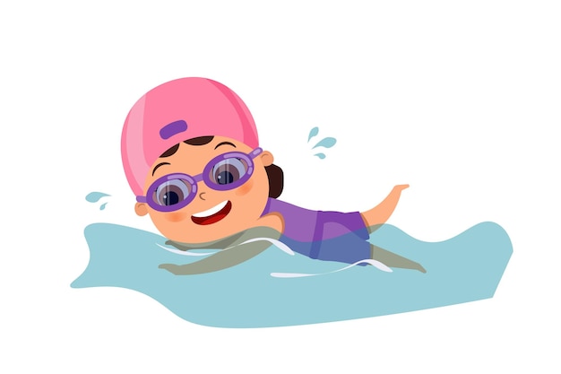 Vector cute happy kid girl swimming in the pool