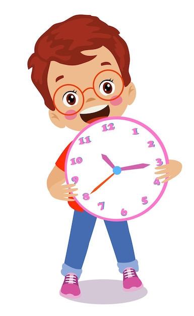 Cute happy kid holding clock