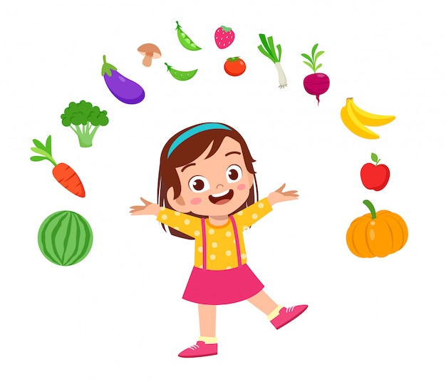 Vector cute happy kid with vegetables