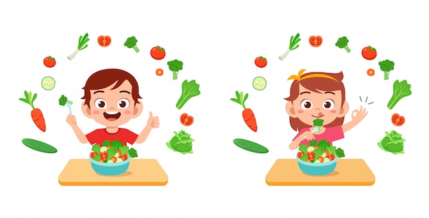 Cute happy kids eat salad vegetable fruits