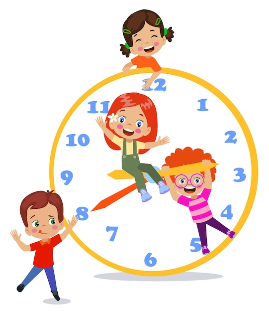 Vector cute happy kids holding clock