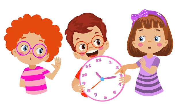 Cute happy kids holding clock